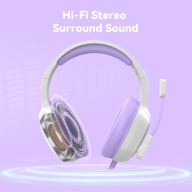 IMYB Gaming Headset with Microphone for Pc, Xbox One Series X/s, Ps4, Ps5, Switch, Stereo Wired Noise Cancelling Over-Ear Headphones with Mic, RGB, for Computer, Laptop, Mac, Nintendo (White Purple) - Image 2